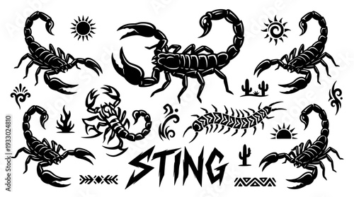 Black tribal scorpion and centipede collection with desert elements vector illustration
