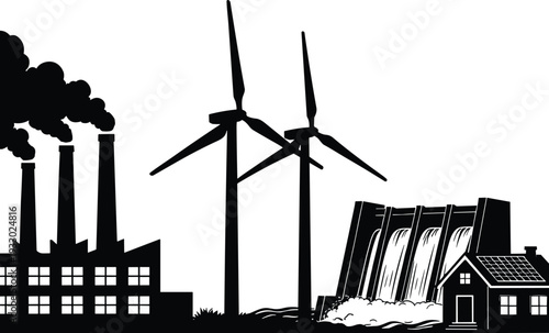 Black and white vector illustration showing diverse energy sources including factory smokestacks, wind turbines, hydroelectric dam, solar panel house, renewable and fossil fuel power