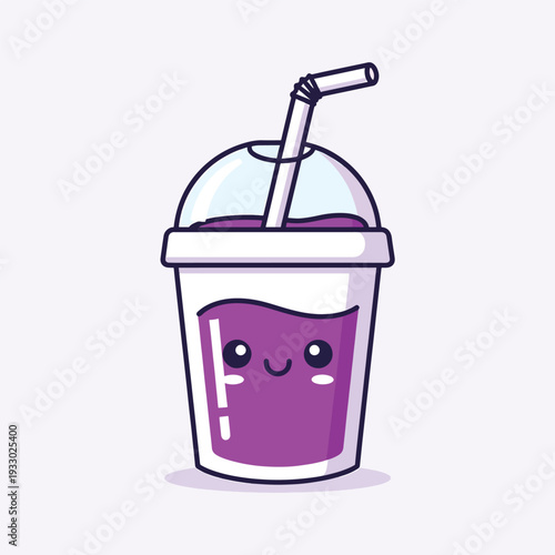 A cartoon beverage, colored purple, sits with a straw in a clear lid. A cute face is drawn onto the cup. The background is a soft purple