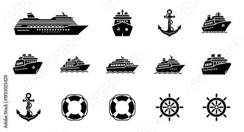 Collection of various cruise ships, anchors, life buoys, and steering wheels in black and white.