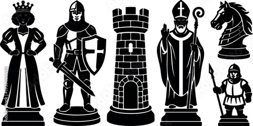 Vector art medieval chess piece set showing queen knight rook bishop horse and foot soldier in silhouette flat front view