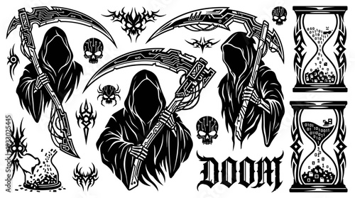 Cyberpunk Grim Reaper and gothic elements isolated on white background vector illustration