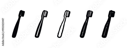 Hand-drawn Toothbrush Icons Set. Black and white vector illustrations of vertical dental hygiene tools.