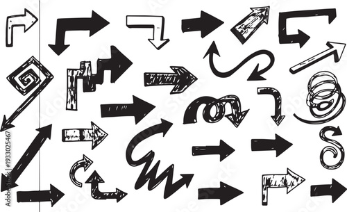 A varied reversible collection of black ink arrows in different styles and shapes, featuring a distressed, hand-drawn look on a white background.