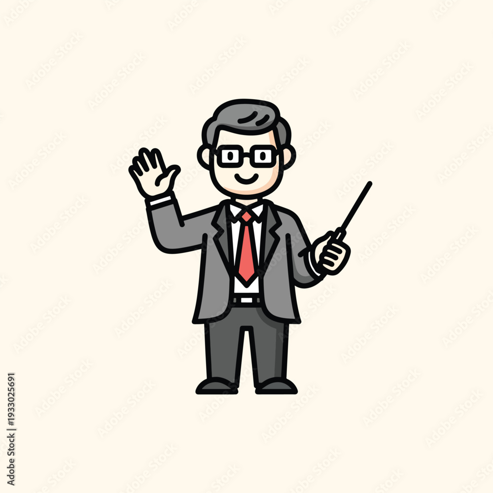 Obraz premium A cartoon character of a professional man in a suit is waving with one hand and holding a pointer in the other. He wears glasses and a red tie