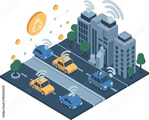 Isometric smart city street with connected autonomous taxis, wireless signals and intelligent transportation network technology illustration