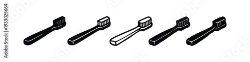 Stylized Isometric Hand-drawn Toothbrush Icons Collection. Black and white vector graphics of dental care tools with depth.