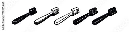 Detailed Isometric Toothbrush Icons. Stylized black and white vector graphics for dental health and care.