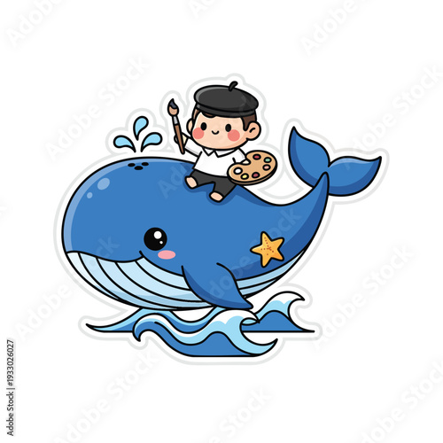 A cartoon artist with beret and palette rides a blue whale, brush in hand.  A starfish is on whale's side; waves at the bottom