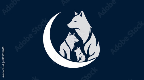 Family of wolves silhouetted on a crescent moon against a dark background