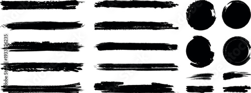 Collection of black brush strokes and shapes on a white background for artistic design