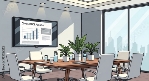 Modern conference room with presentation screen and plants, ready for meeting.