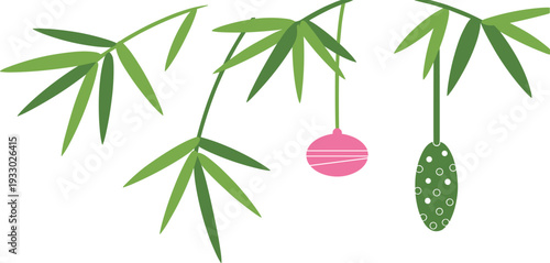 Minimalist bamboo leaves illustration with hanging pink and green ornaments, modern botanical background, festive decorative nature design art vector graphic
