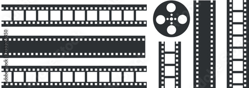 Collection of film strip icons and a movie reel on a white background