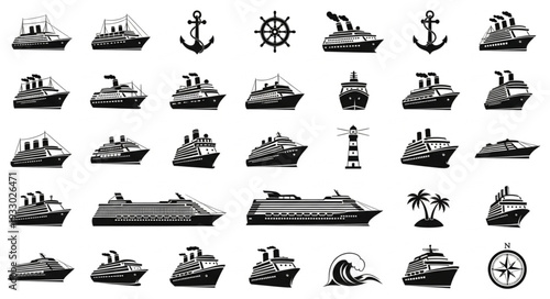 Collection of various ships, anchors, and nautical elements in a monochrome style.