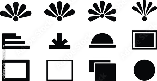 Minimalist black and white abstract shape icon set with sunburst arrows frames rectangles and circle