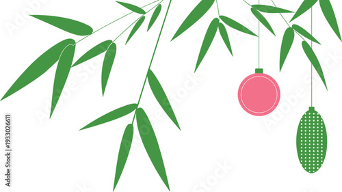 Minimalist Christmas decoration illustration, bamboo leaves with hanging ornaments on light background, modern festive botanical design concept