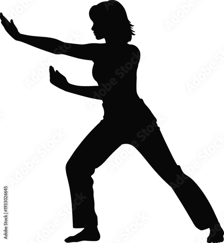 Female martial arts silhouette in defensive stance, dynamic fighting pose, self defense training concept, strong woman fitness vector illustration isolated