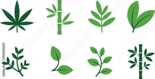 Minimalist green plant icon set with bamboo and leaf elements, flat botanical vector illustration collection isolated