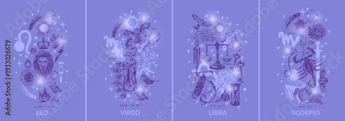 Hand drawn fire zodiac signs illustration set. Leo virgo libra scorpio. Horoscope background with astrology symbols and talismans