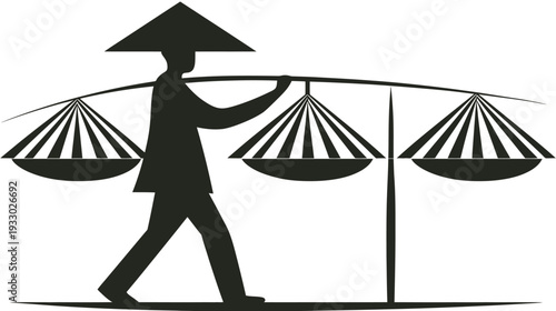 Silhouette of a person carrying baskets on a pole against white background