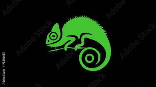Green chameleon silhouette on black background for design and illustration