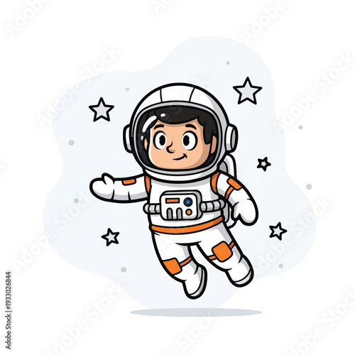 A cartoon astronaut floats in a light blue nebula filled with scattered stars. The astronaut has a cheerful expression, wearing a white and orange spacesuit