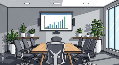 Modern conference room with a presentation screen and chairs.