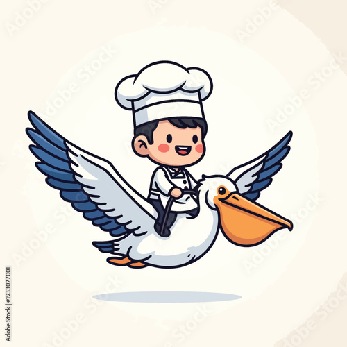 A cartoon chef rides a pelican mid-flight, sporting a chef's hat, smiling. The pelican has blue wings and an orange beak