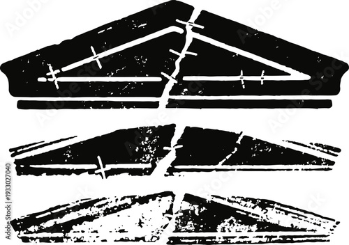 Cracked triangular architectural pediment silhouettes with distressed texture and worn design elements