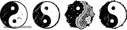 grunge yin yang symbols set distressed black and white balance icons with scratches and paint splatter textures
