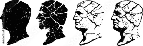 four black and white cracked human head profile silhouettes in sequence