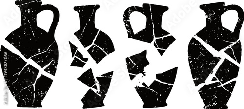 ancient broken amphora pottery reconstruction fragments, black silhouette isolated