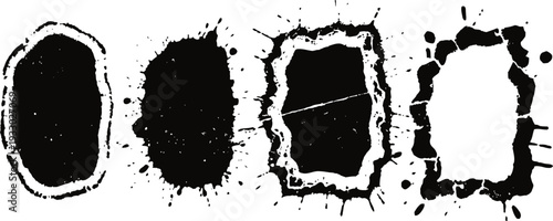 four black ink splatter frames with irregular edges on white background