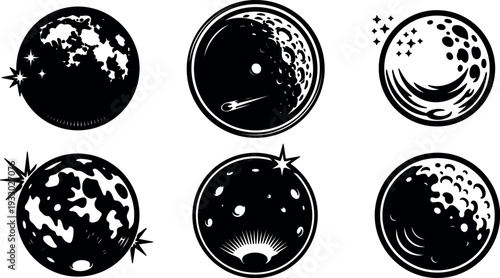 Tattoo flash lunar icon set six cratered moon emblems in circular black and white vector layout high contrast bold simple