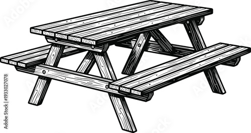 Wooden picnic table illustration in vintage hand drawn engraving style featuring outdoor furniture for park, garden and backyard seating use