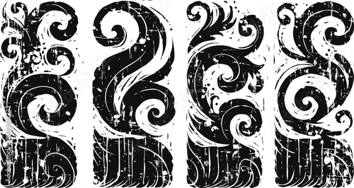 Set of four black grunge ornamental design elements with swirls and vintage texture