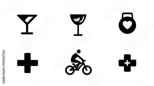 Vector icons set: healthy lifestyle, fitness, cycling, medical cross, cocktail, and wine glasses. Health and leisure symbols.
