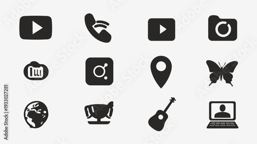Diverse collection of black UI/UX icons for web and app design, featuring media, communication, location, music, nature, and technology symbols.