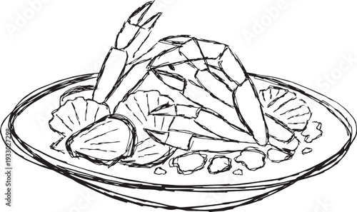 seafood platter with shrimp and scallops on plate, hand drawn vintage sketch illustration