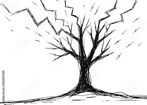 black sketch of a barren tree with lightning bolts striking branches on white background