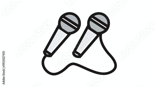 Vector icon of two microphones connected by a cable, representing audio recording, live performance, podcasting, and voice communication.
