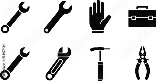 Monochrome hand tools icon set with wrenches glove toolbox hammer pliers and adjustable spanner silhouettes
