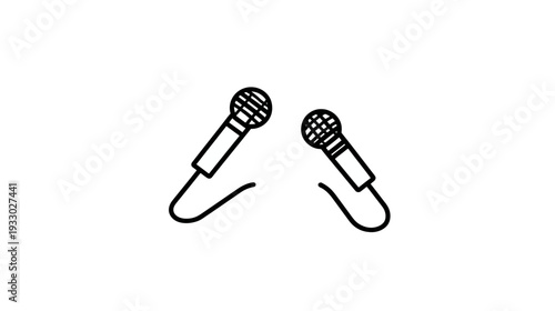 Two minimalist line art microphones outline icon. Simple black and white drawing for audio, music, podcasting, broadcasting, voice.