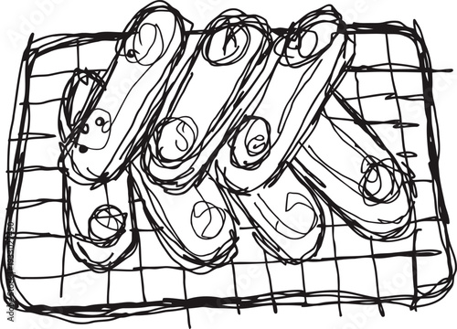 Hand drawn sausage links cooking on grill grate, black line art sketch of barbecue food