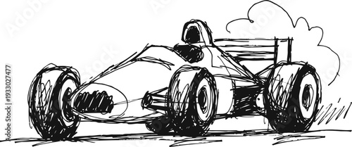 Illustration of a vintage race car speeding on a track with motion lines and smoke