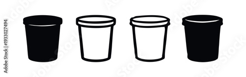 Cylindrical container or tumbler icon set in various styles, isolated on white background.