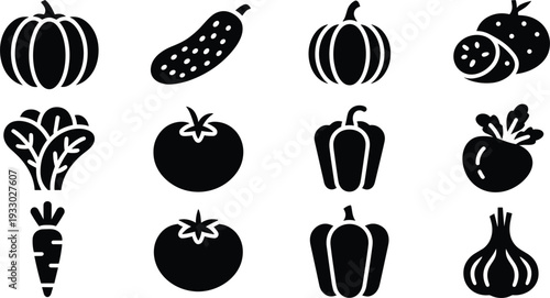 Monochrome vegetable icon collection with pumpkin cucumber tomato bell pepper carrot onion and leafy greens silhouettes