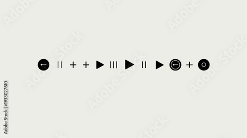 Minimalist black media player control icons set. Digital interface elements for audio video playback, pause, record, and volume functions.