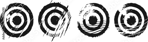 grunge target circles set with distressed texture and rough ink strokes four different black round bulls eye symbols